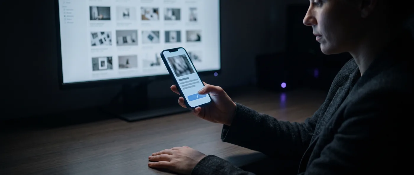 A business owner reviewing a drafted social post on a phone, thumb over the approve button.